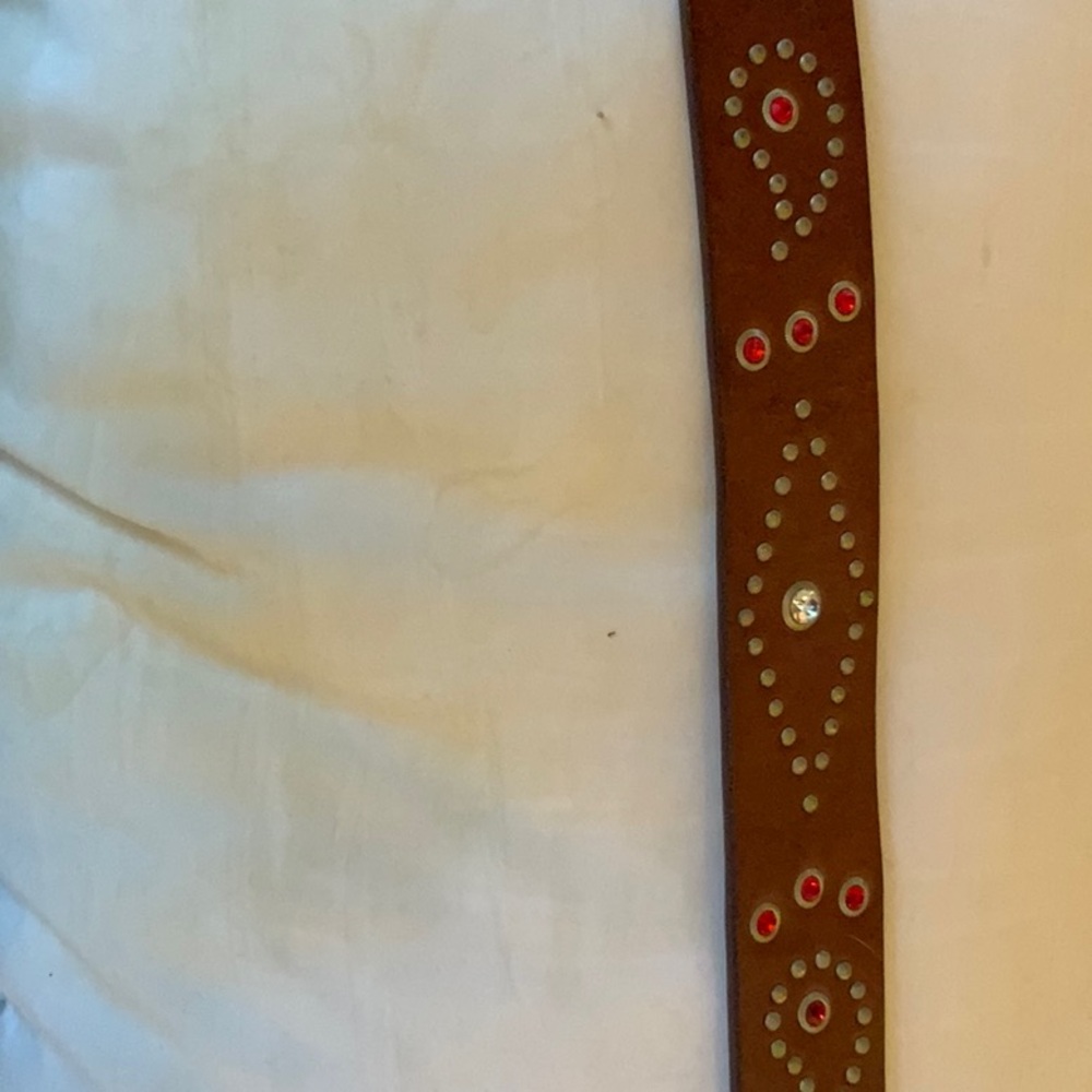 Barneys New York Brown Leather Belt with Red and Silver rhinestone Accents - Picture 5 of 8